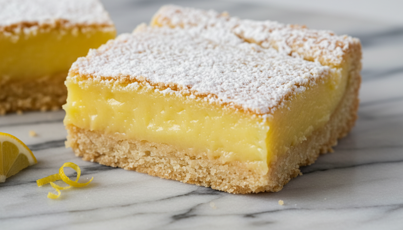 Cross-section closeup of lemon bar showing bright yellow curd layer over golden shortbread crust