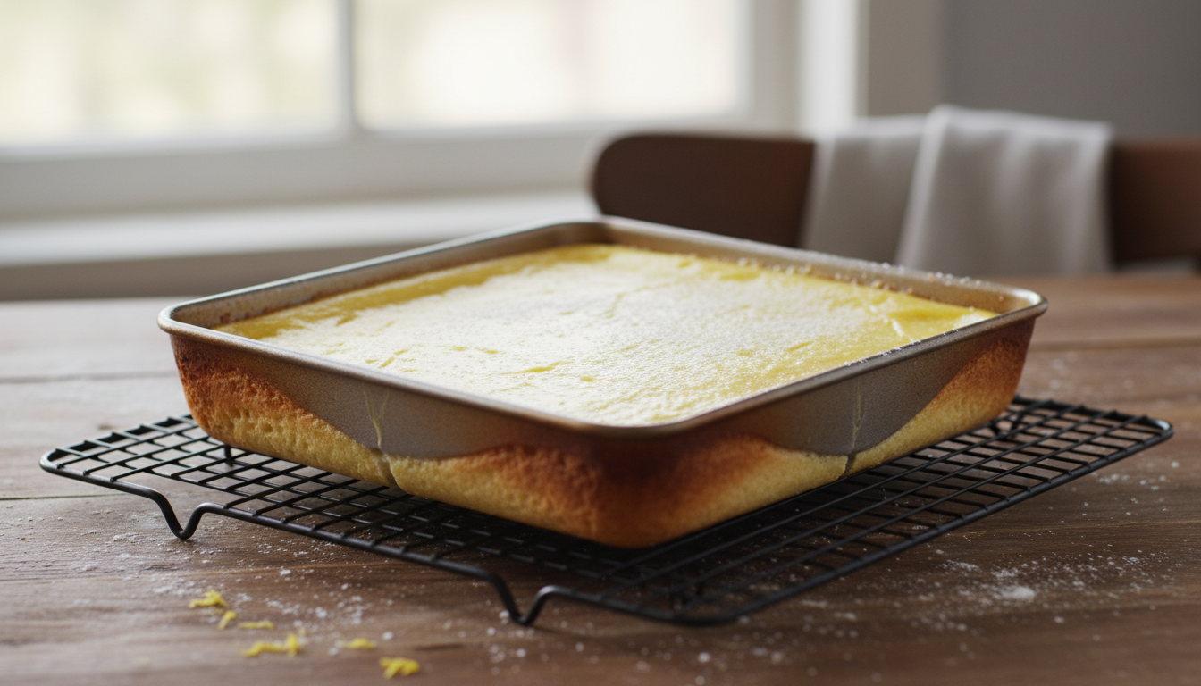 Freshly baked lemon bars in pan cooling on wire rack, set golden curd layer visible