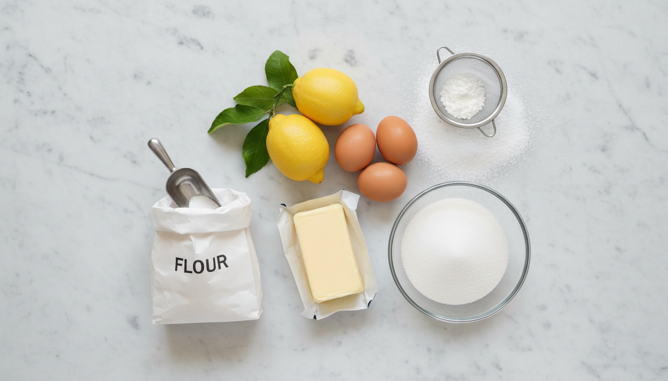 Lemon bars ingredients flat lay: fresh lemons, eggs, butter, sugar, flour on white marble