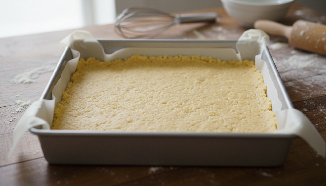 Buttery shortbread crust pressed into parchment-lined square baking pan