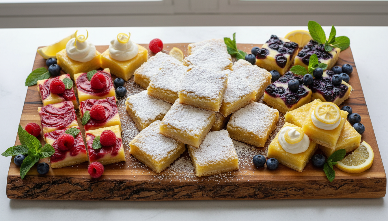 Lemon bar variations on wooden board: classic, raspberry topped, blueberry, with whipped cream