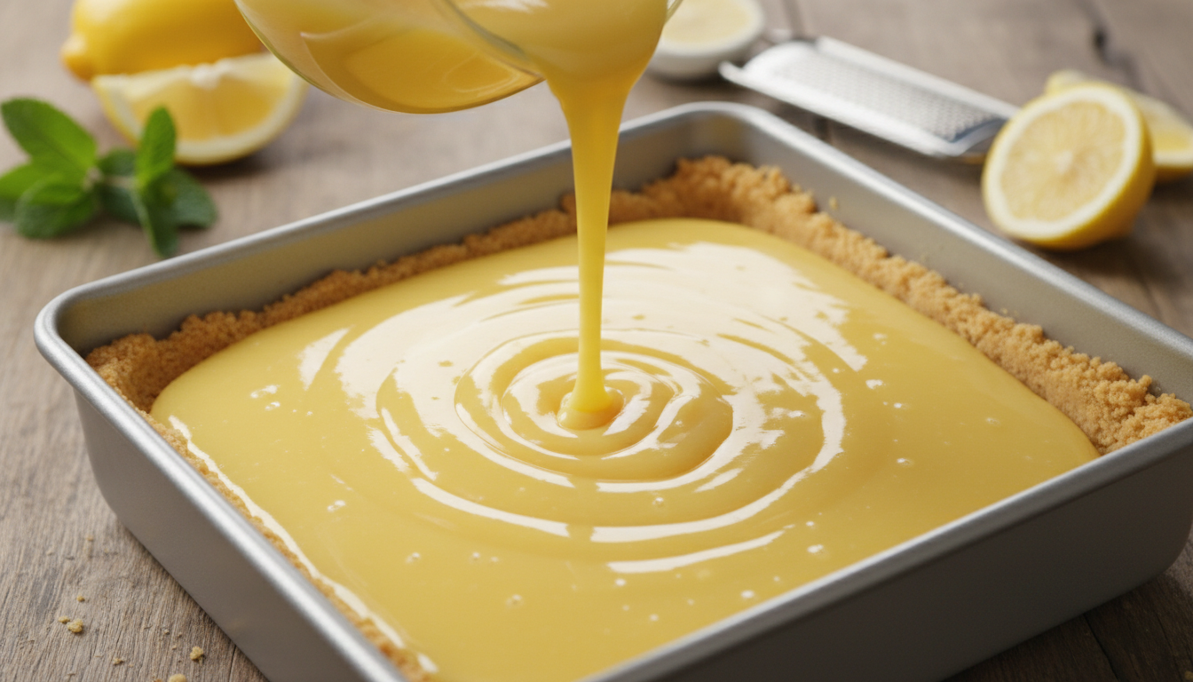 Bright yellow lemon curd filling being poured over baked shortbread crust in square pan