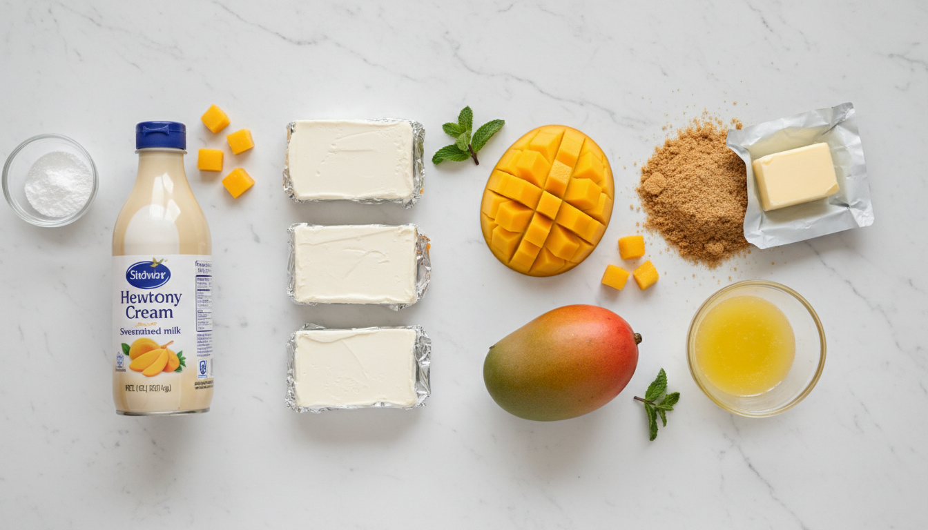 Mango cheesecake ingredients flat lay: cream cheese, fresh mangoes, graham crackers, butter, heavy cream on marble