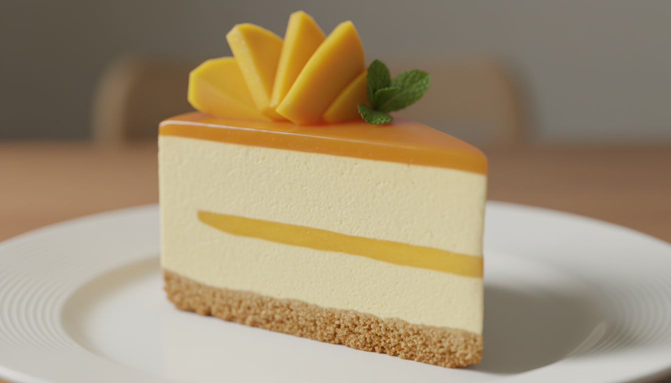 Perfect mango cheesecake slice on white plate showing graham cracker crust, creamy filling, and glossy mango glaze