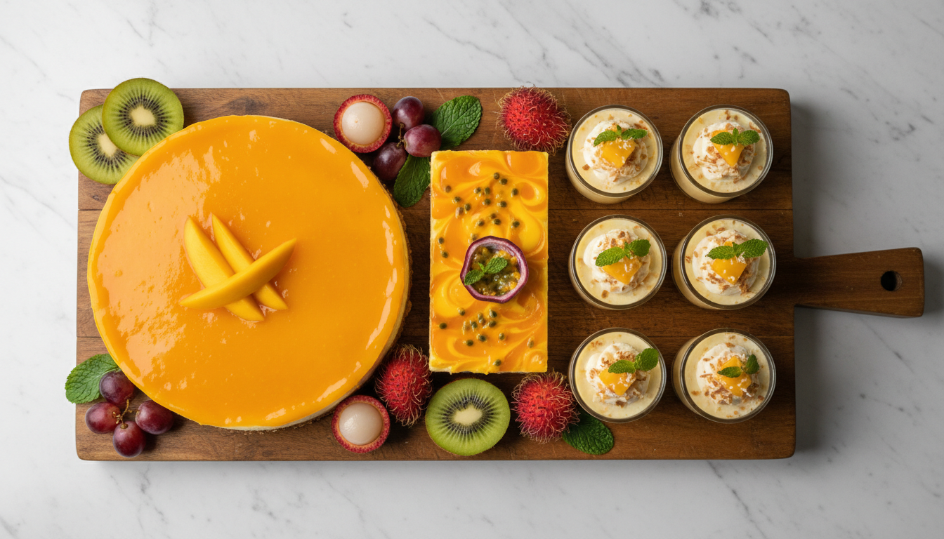 Mango cheesecake variations platter: classic mango glaze, mango-passionfruit swirl, and mini individual cups with tropical fruits