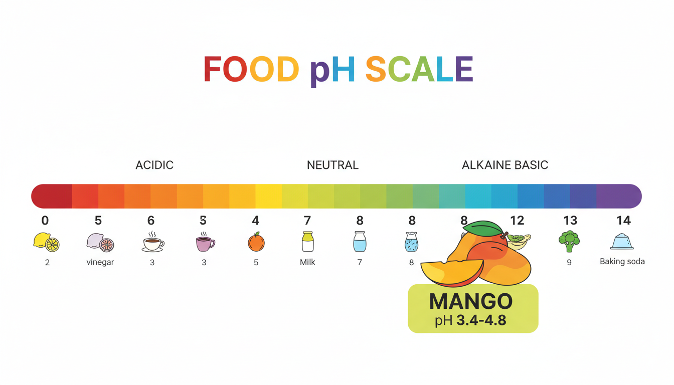 mango pH level 3.4 to 4.8 on food pH scale infographic