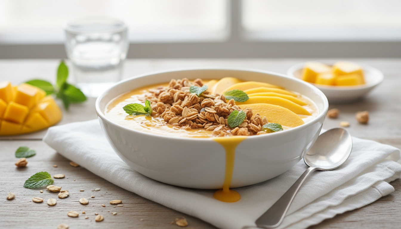 mango smoothie bowl with fresh mango slices granola and mint leaves
