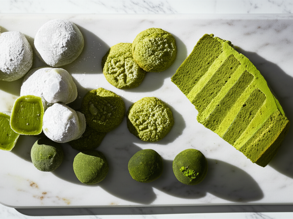 assorted matcha desserts mochi cookies cake truffles on white marble board