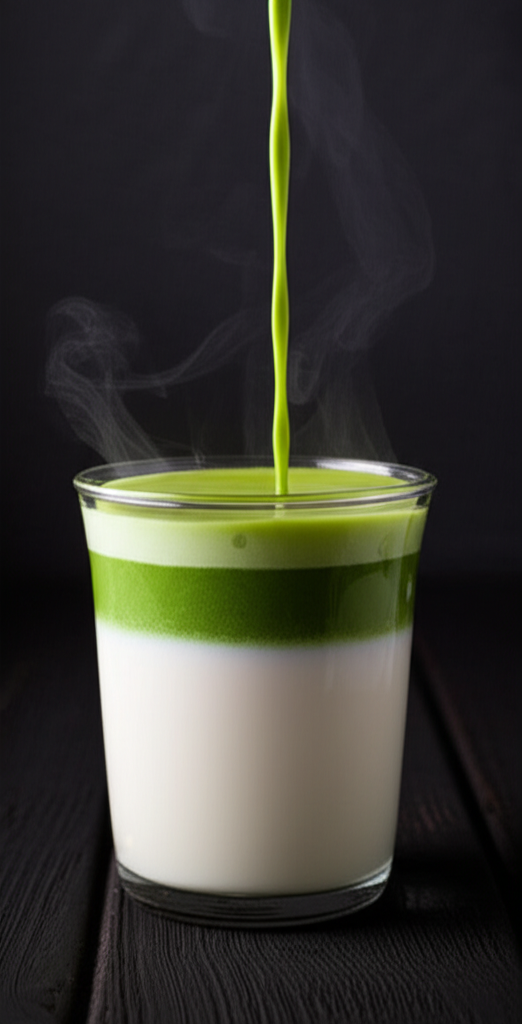 bright green matcha latte being poured into glass of milk food photography