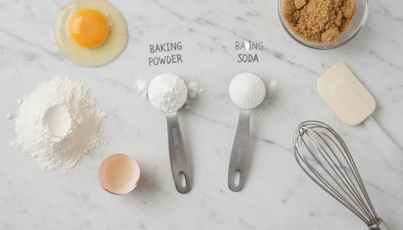Measuring baking powder and baking soda with small spoons on white marble