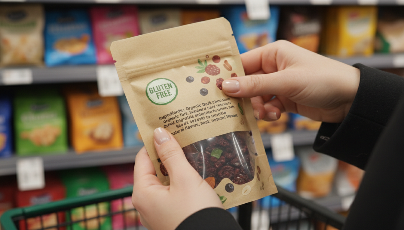 checking gluten free ingredient label on candy package in grocery store