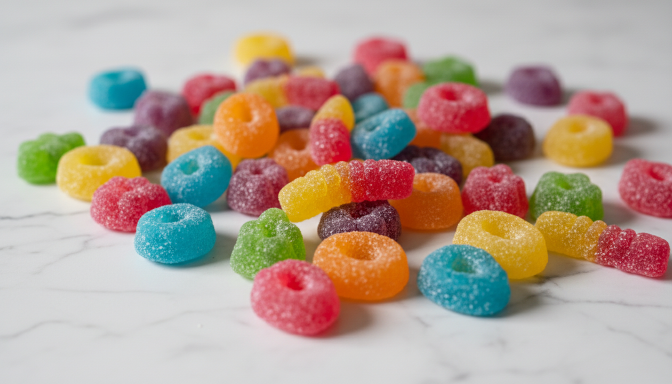 colorful fruit gummy candies scattered on marble surface macro photography