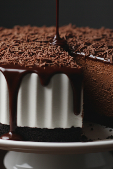 No-bake chocolate cheesecake on white cake stand with chocolate ganache drip and chocolate shavings