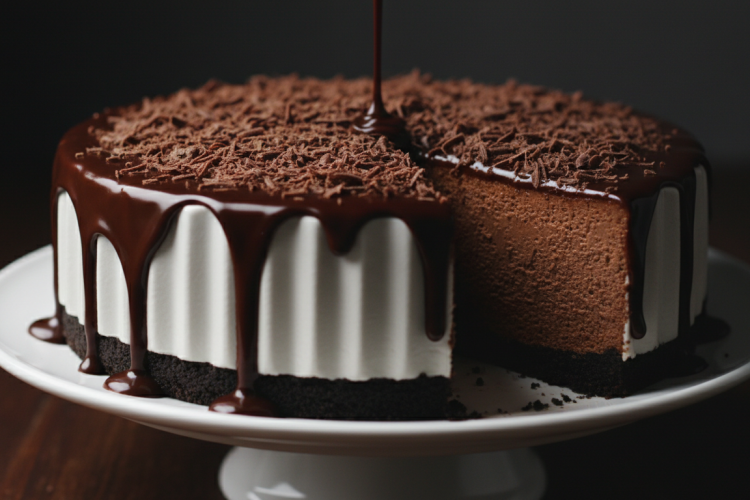 No-bake chocolate cheesecake on white cake stand with chocolate ganache drip and chocolate shavings