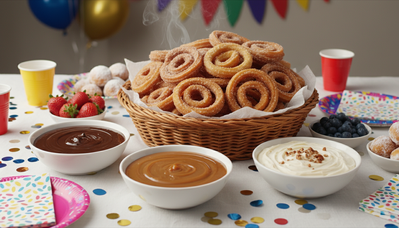 Party basket of cinnamon sugar churros with chocolate, dulce de leche, and cream cheese dipping sauces