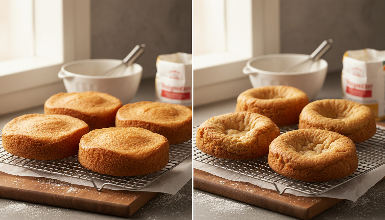 Perfect golden cake layers versus sunken failed cake comparison