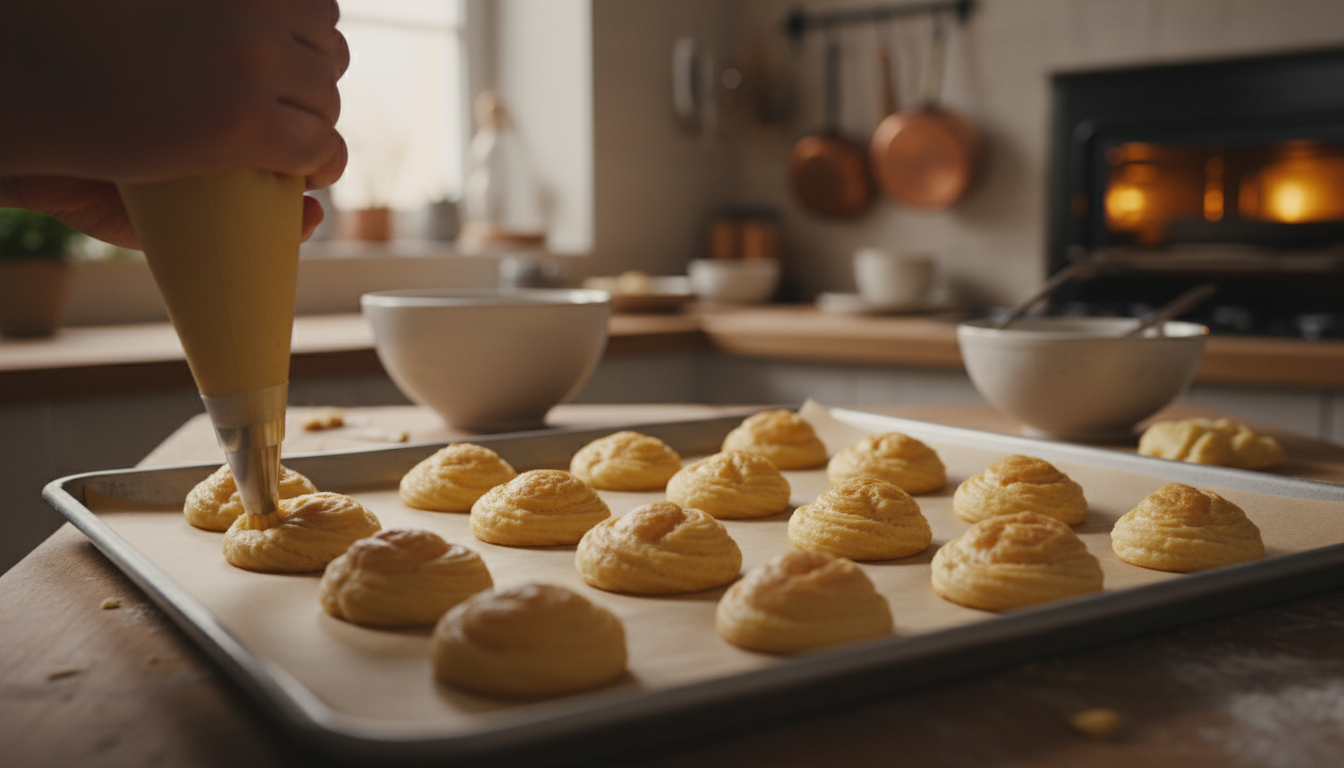 Piping choux pastry dough onto parchment-lined baking sheet in round mounds