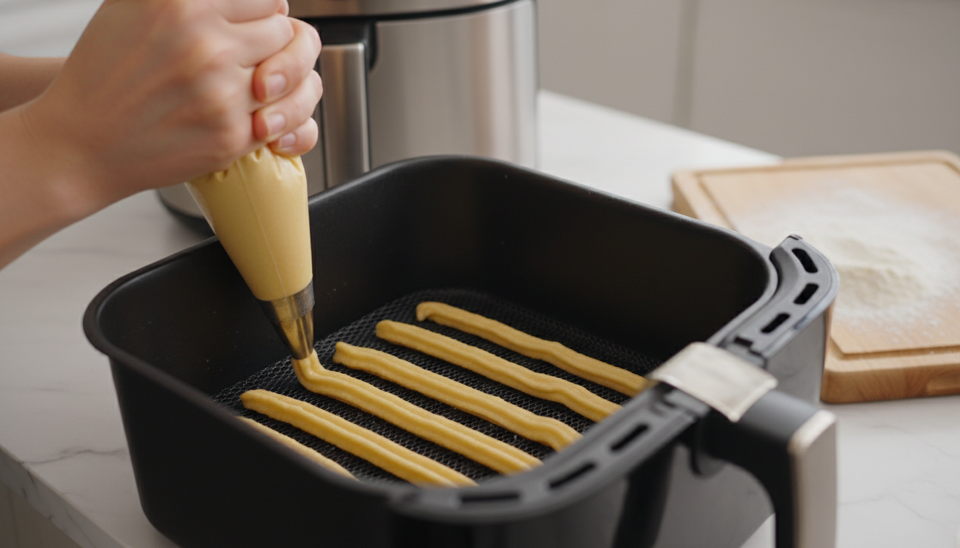 Piping churro dough into air fryer basket in neat rows