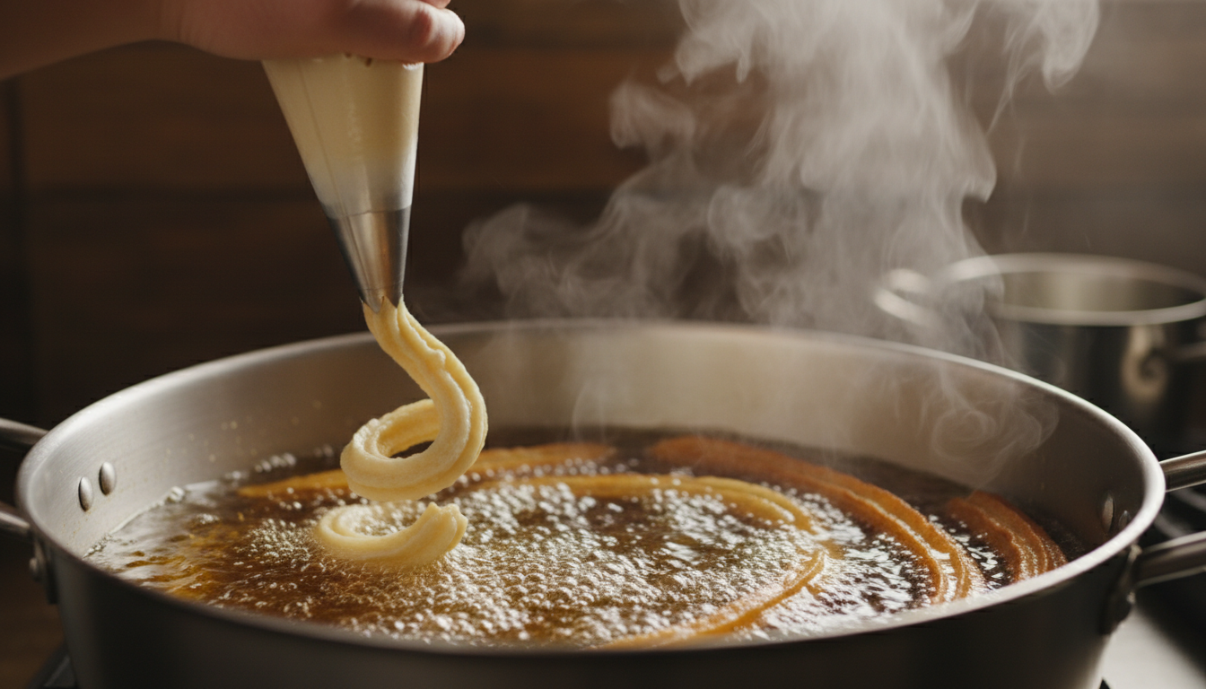Churro dough being piped through star tip into bubbling hot oil
