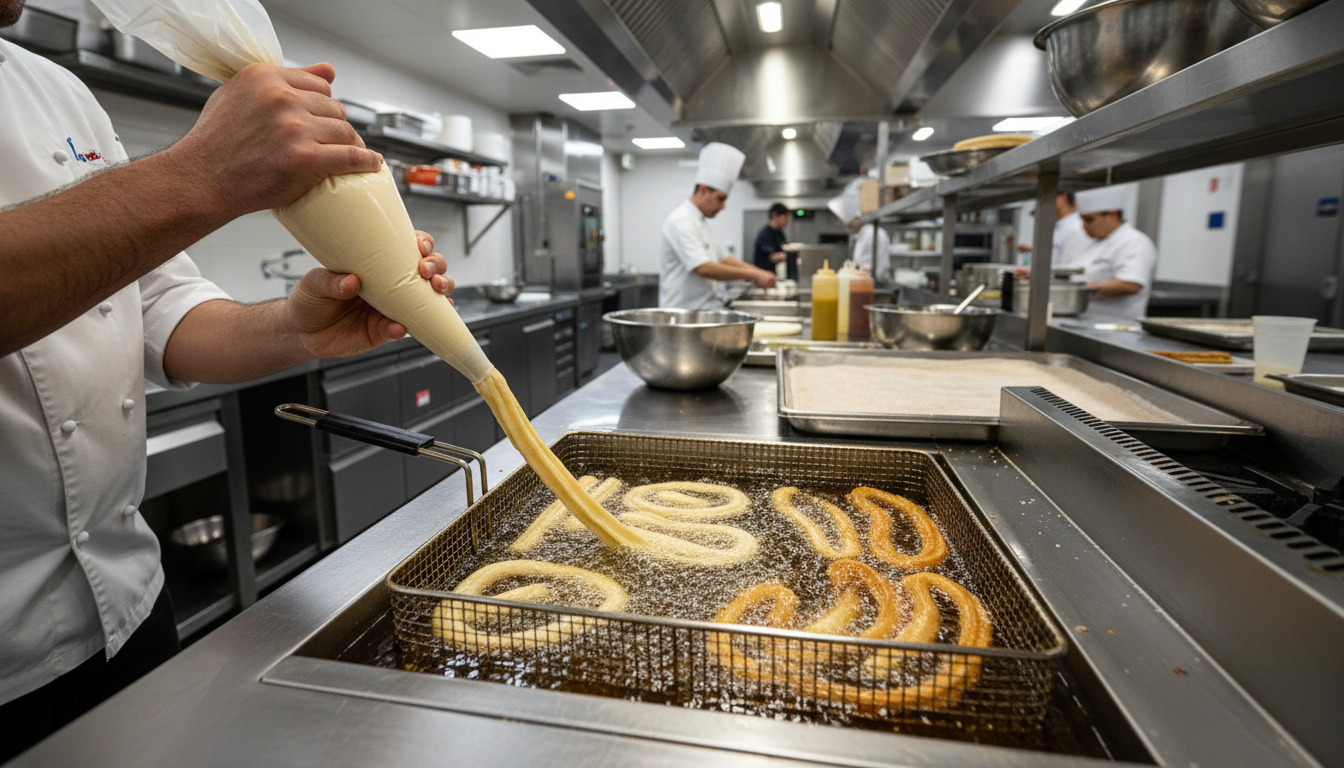 Piping churro dough into a large deep fryer with multiple churros frying at once