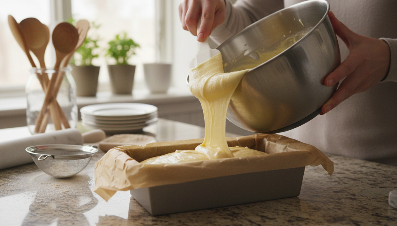 Pound cake batter being poured into a greased loaf pan
