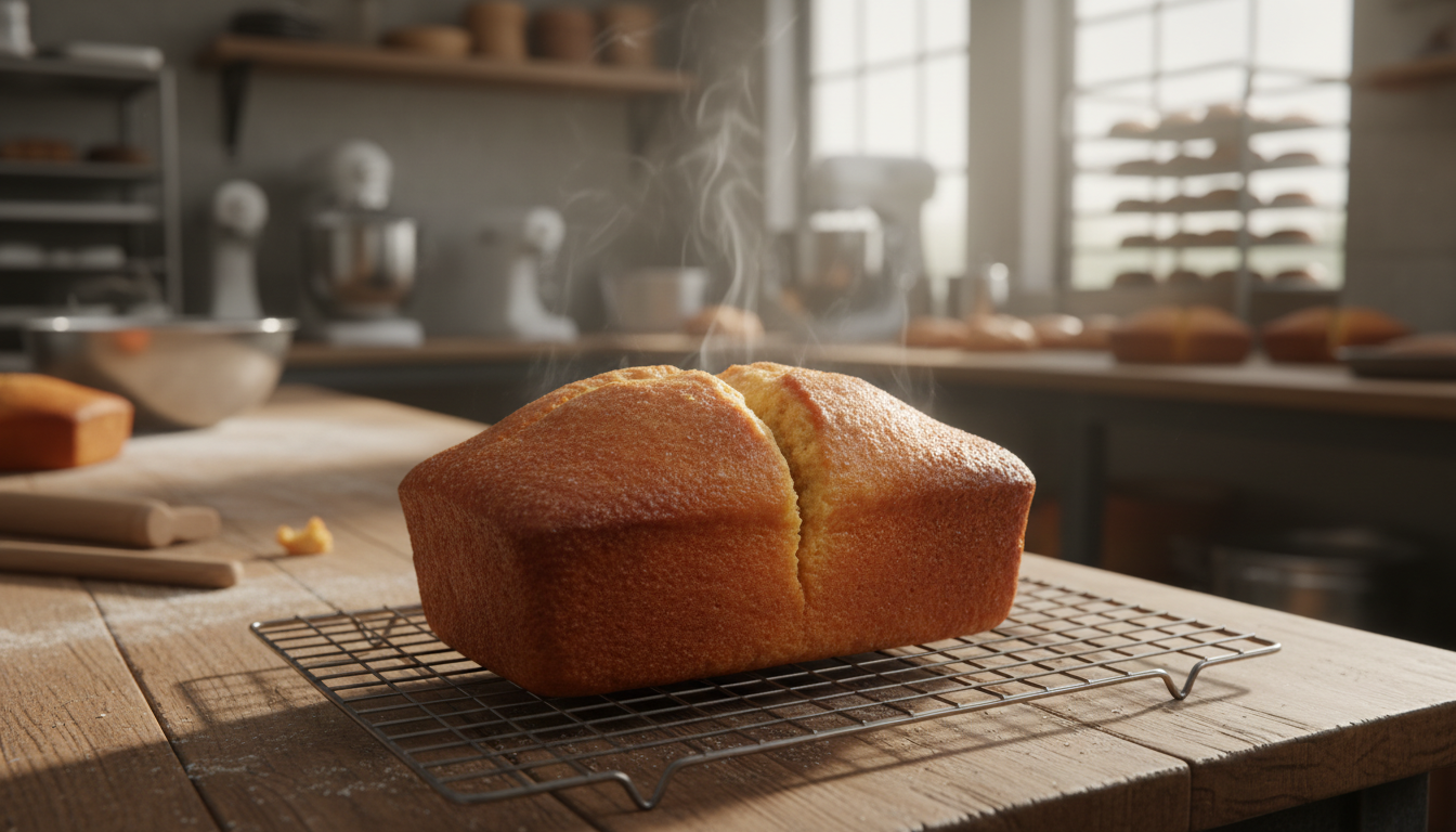 Freshly baked pound cake loaf cooling on a wire rack, golden crust with center crack