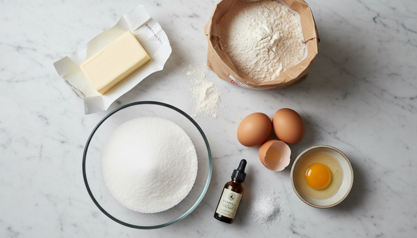 Pound cake ingredients flat lay: butter, sugar, eggs, flour, vanilla on white marble