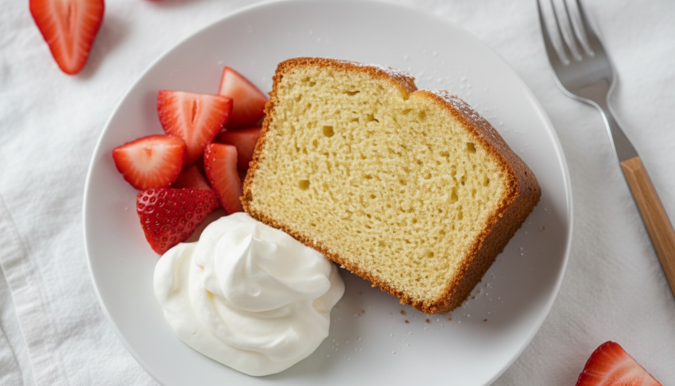 Thick slice of classic pound cake on a white plate with fresh strawberries
