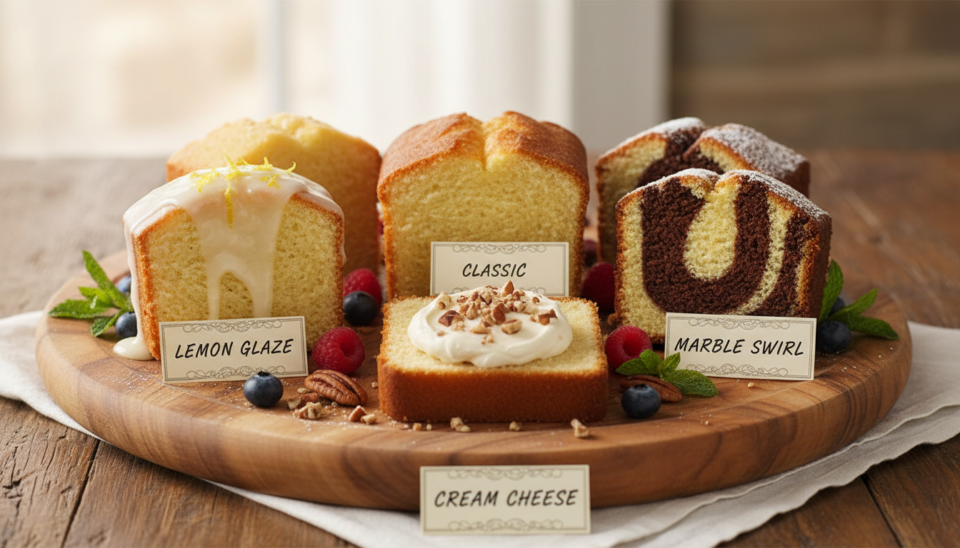 Assorted pound cake variations on a wooden platter: lemon glaze, marble, cream cheese, plain