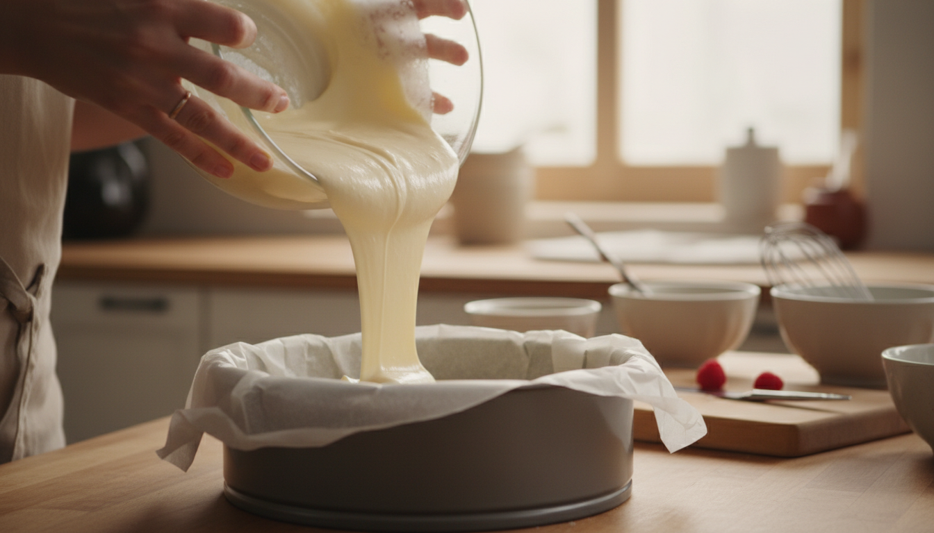 Pouring cream cheese batter into parchment-lined springform pan for Basque cheesecake