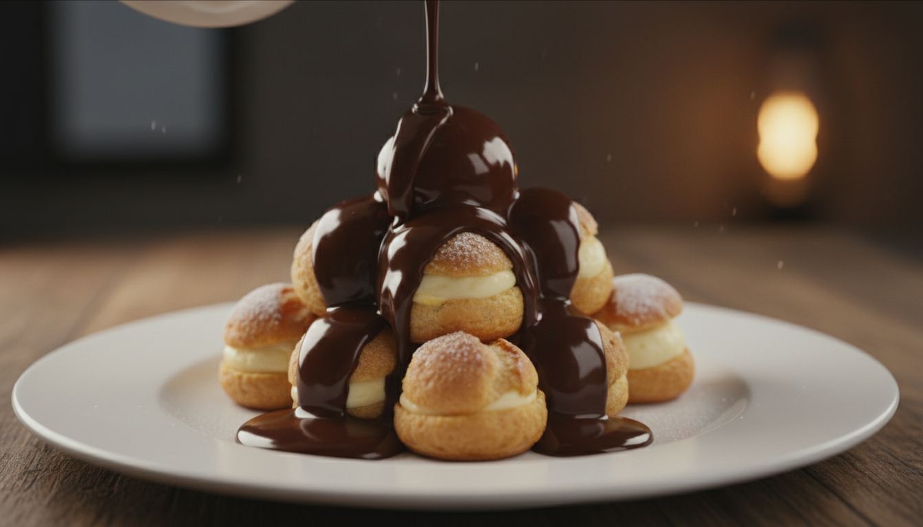 Pouring warm dark chocolate ganache over cream-filled profiteroles on a plate
