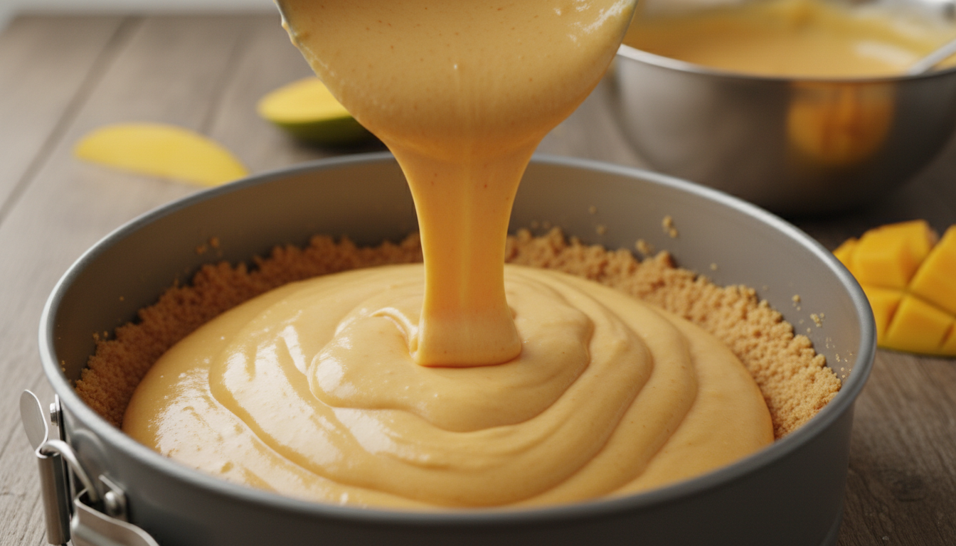 Pouring creamy mango cheesecake filling into springform pan over graham cracker crust