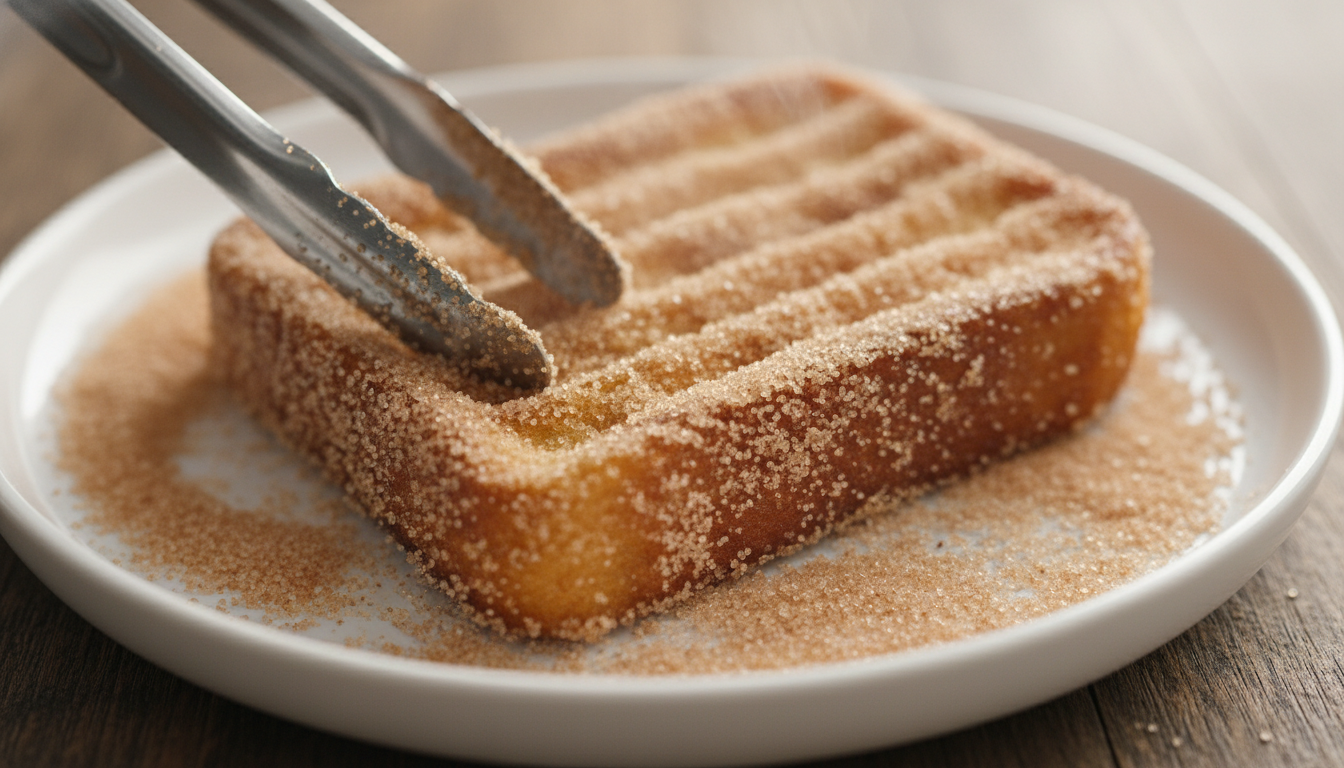 Pressing hot churro French toast into a plate of cinnamon sugar, coating all sides