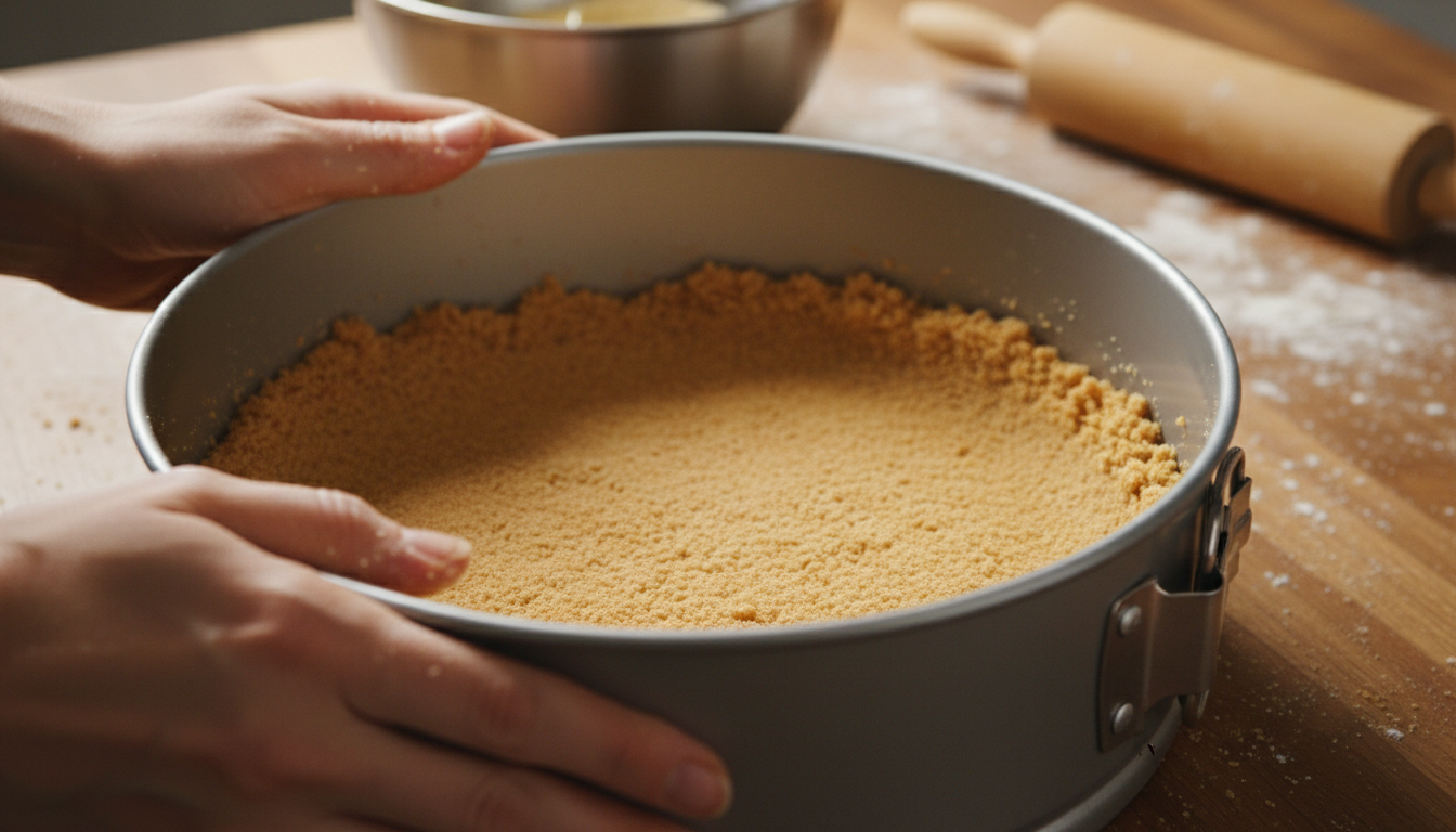 Pressing graham cracker crust firmly into a springform pan for mango cheesecake