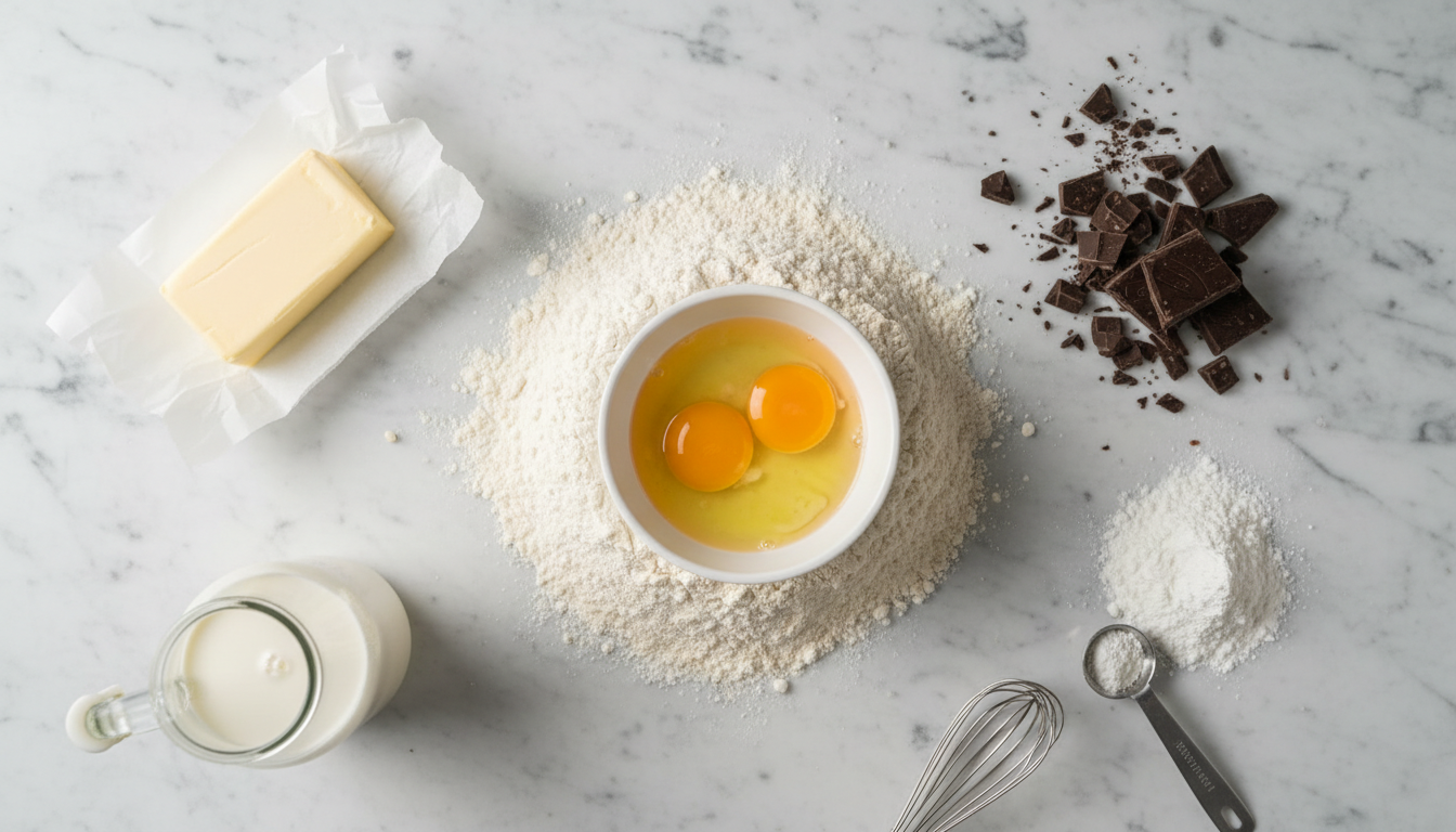 Profiterole ingredients flat lay: flour, butter, eggs, heavy cream, dark chocolate on marble