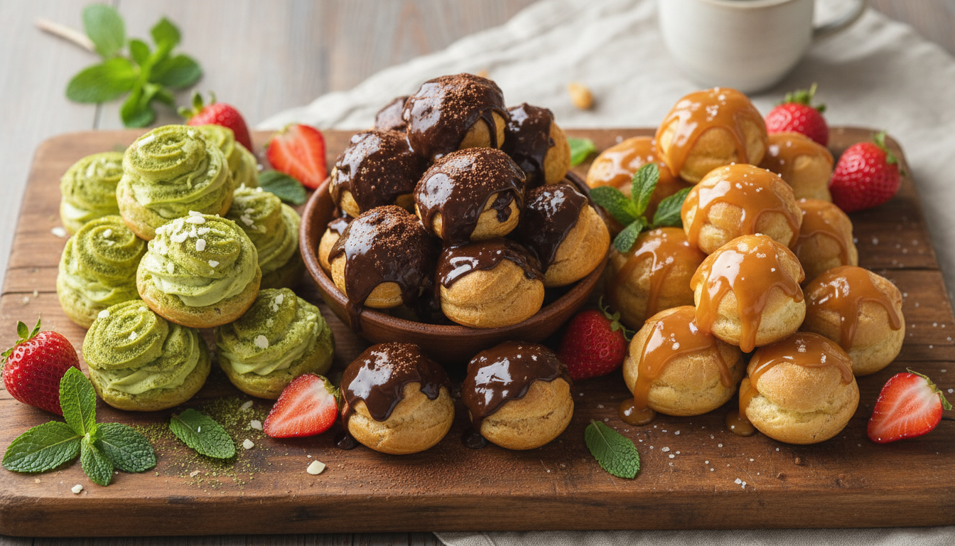 Profiterole variations platter: classic chocolate, caramel, and matcha cream versions with fresh berries