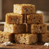 Easy homemade Rice Krispie treats squares stacked on a wooden board, gooey and golden