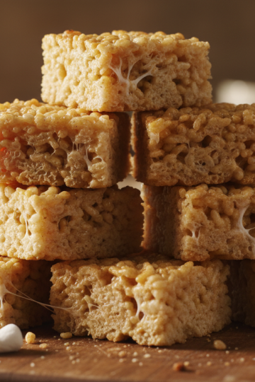 Easy homemade Rice Krispie treats squares stacked on a wooden board, gooey and golden