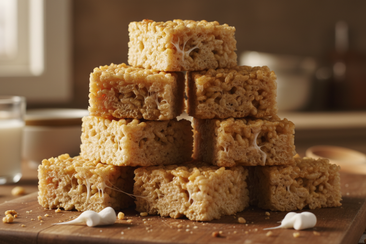Easy homemade Rice Krispie treats squares stacked on a wooden board, gooey and golden
