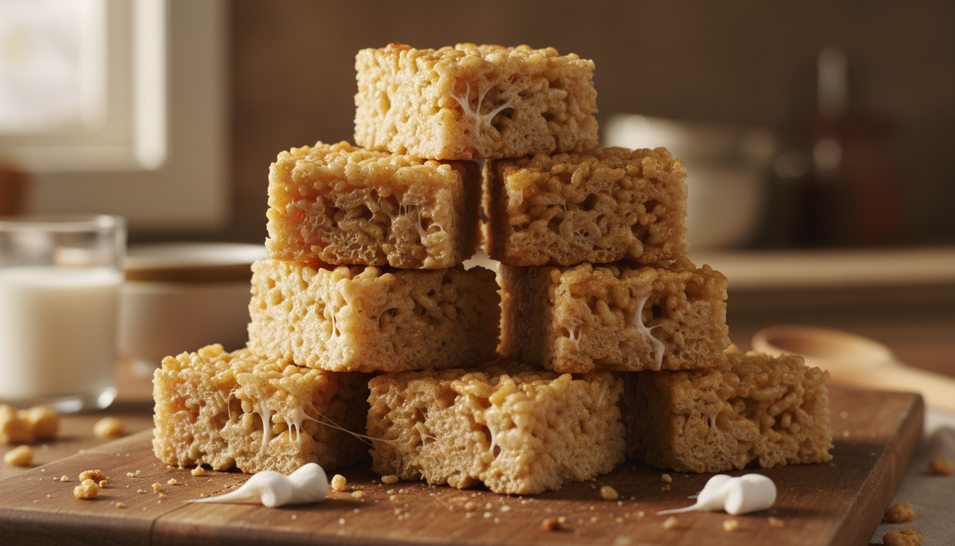 Easy homemade Rice Krispie treats squares stacked on a wooden board, gooey and golden