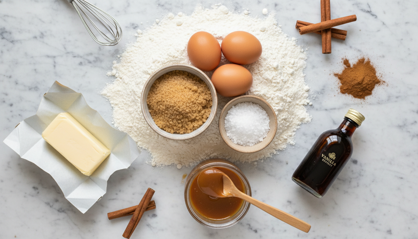 salted caramel churros recipe ingredients flat lay on white marble