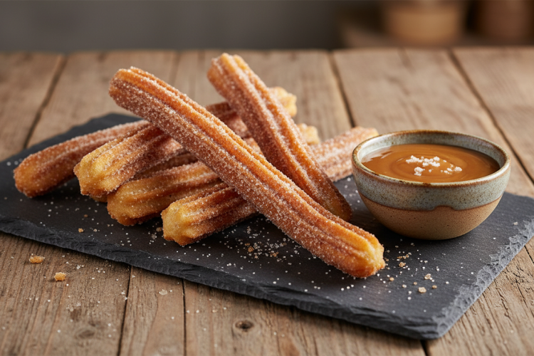 golden crispy salted caramel churros with cinnamon sugar and caramel dipping sauce