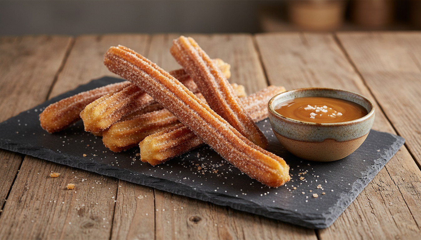 golden crispy salted caramel churros with cinnamon sugar and caramel dipping sauce