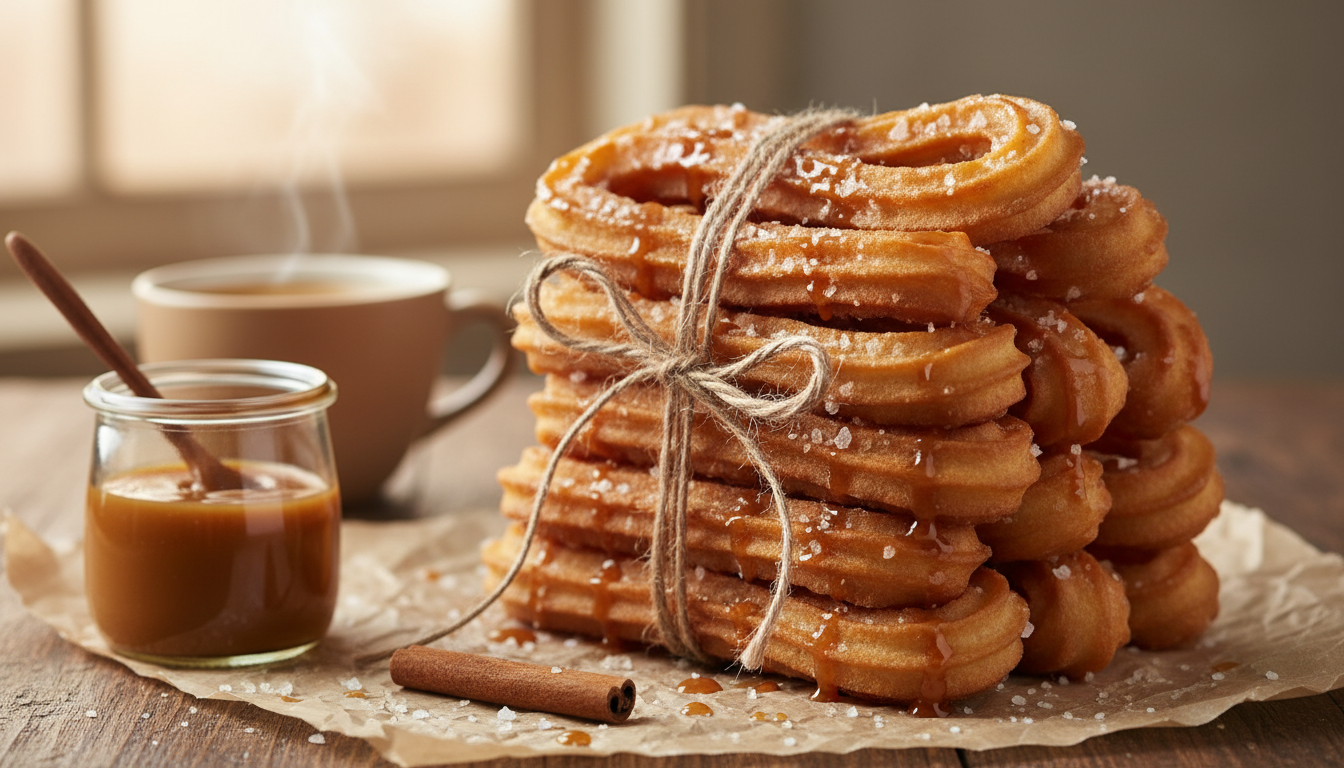 stack of salted caramel churros tied with twine beside jar of caramel sauce