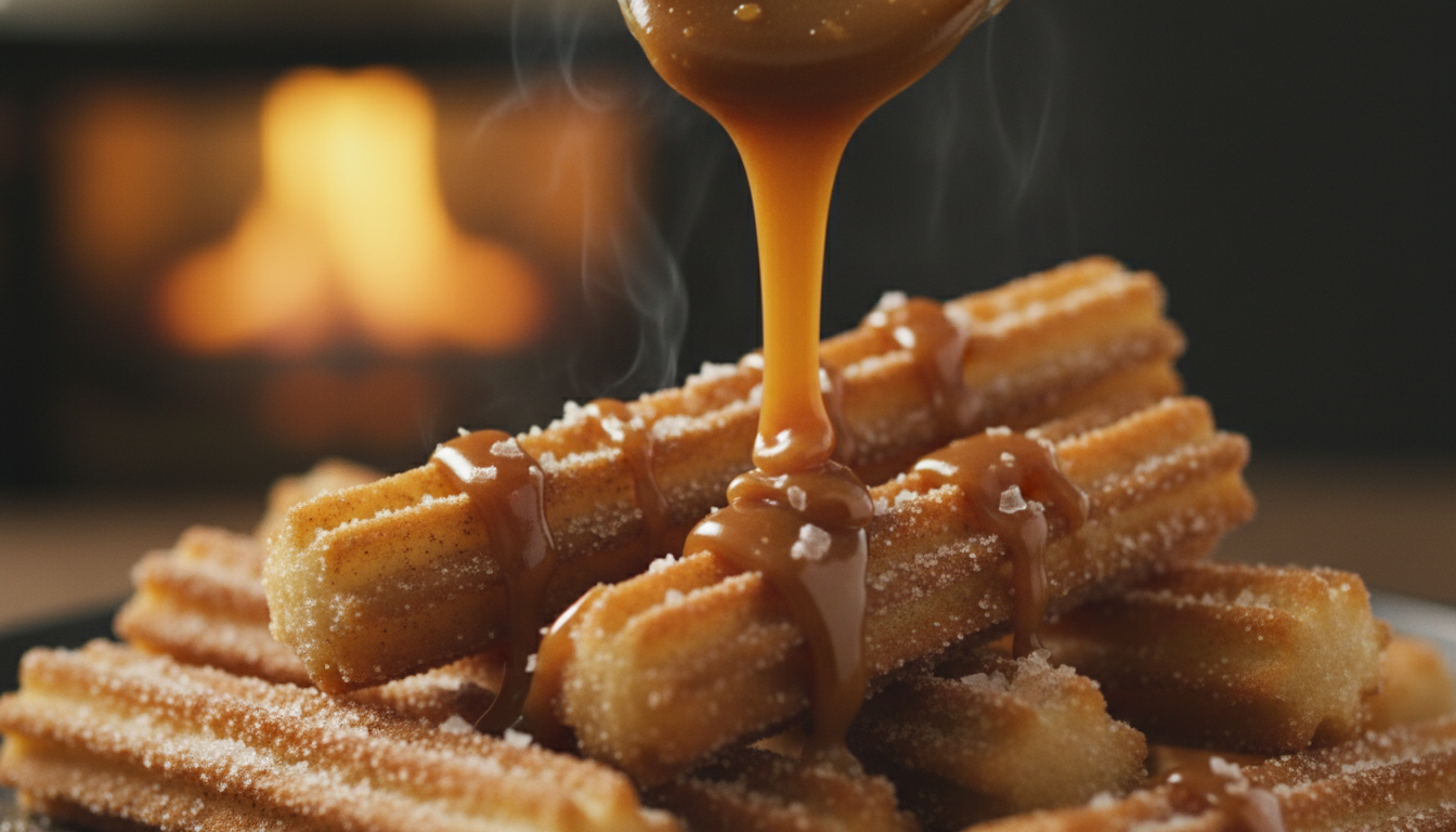 salted caramel sauce being drizzled over churros with sea salt flakes