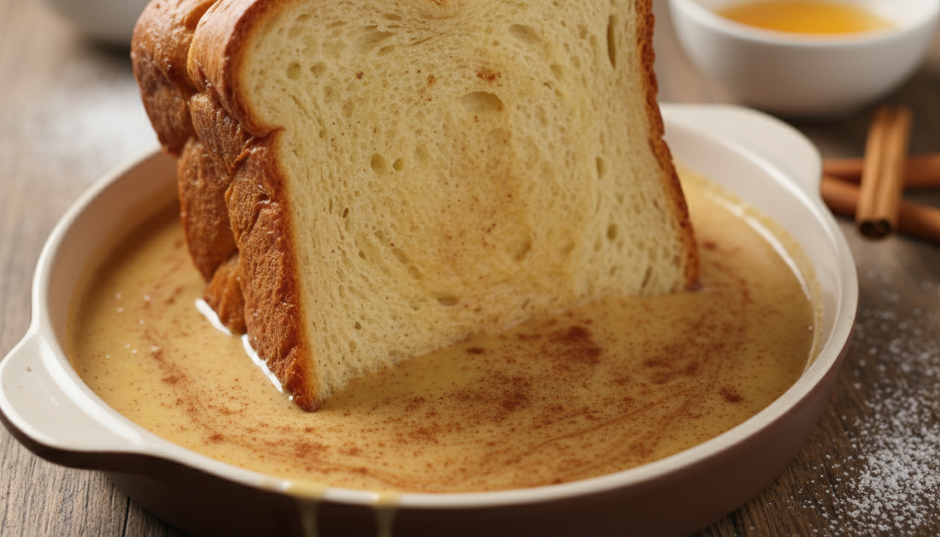 Thick brioche bread slice soaking in cinnamon egg custard batter in a shallow dish