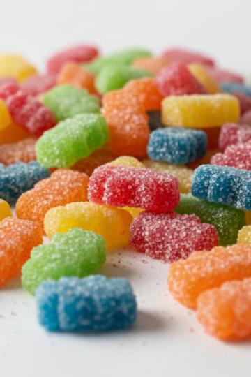Colorful Sour Patch Kids candy scattered on white surface