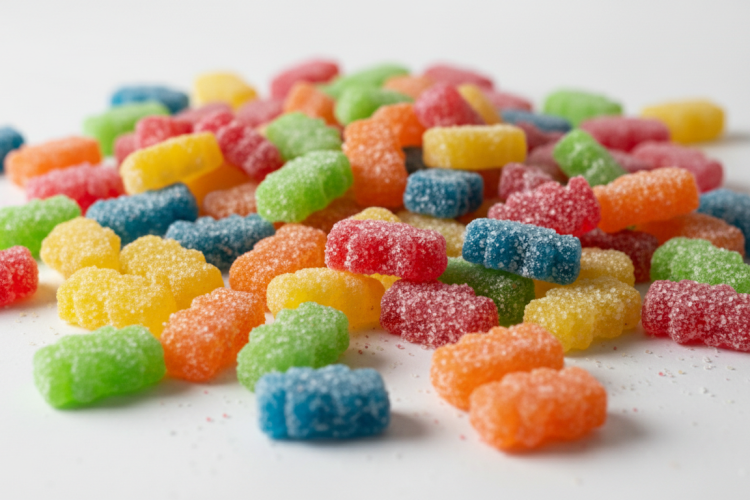 Colorful Sour Patch Kids candy scattered on white surface