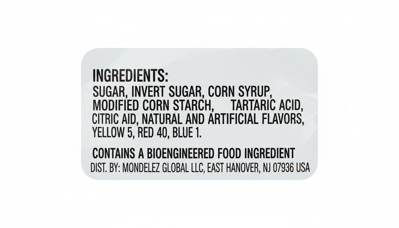 Sour Patch Kids candy package ingredient label closeup