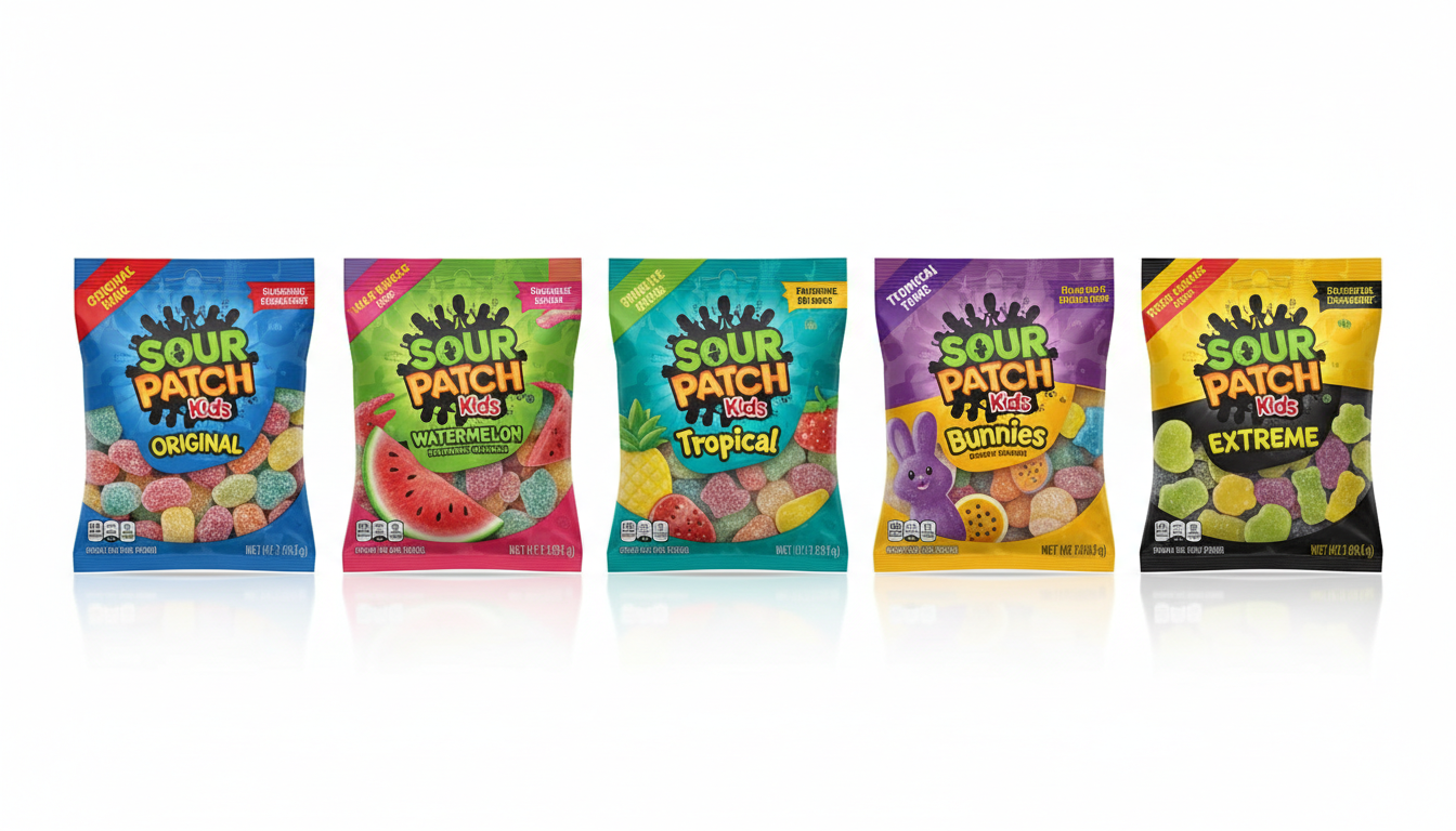 Multiple Sour Patch Kids product varieties lineup on white background
